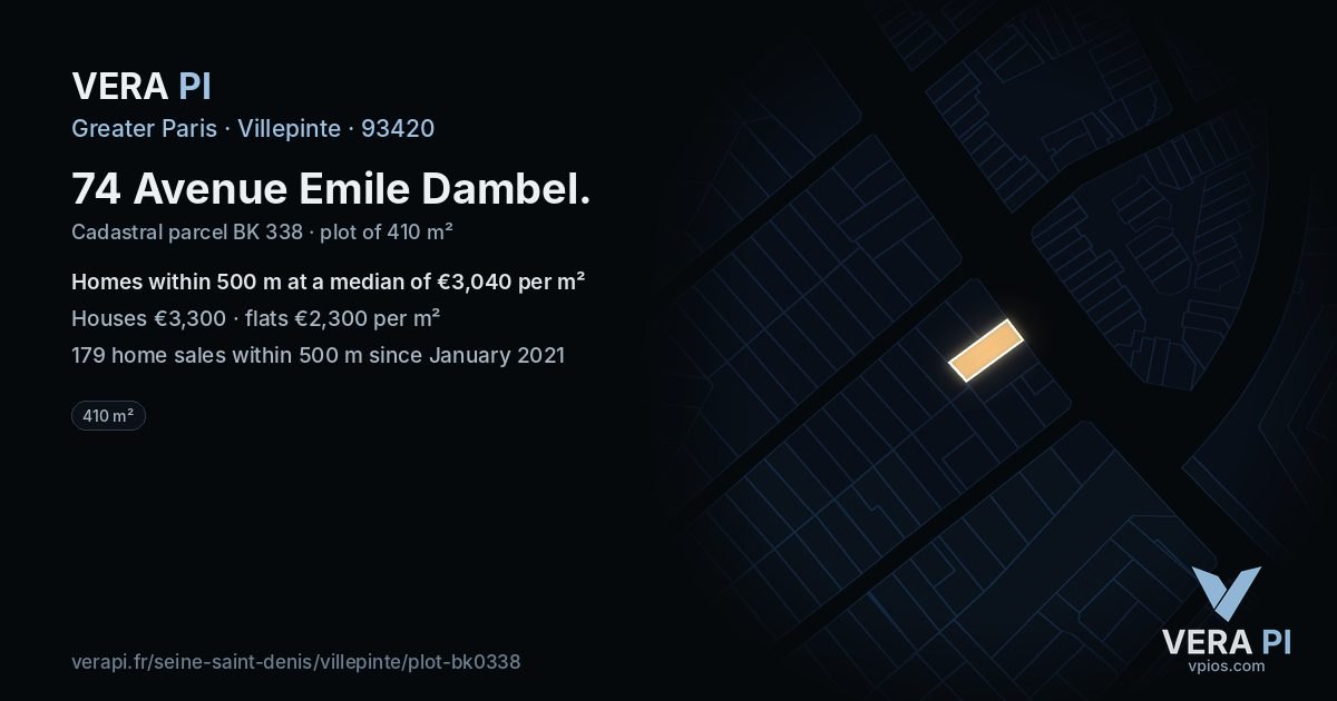 74 Avenue Emile Dambel, Villepinte at night – the plot lit, the parcels around coloured by the prices near them