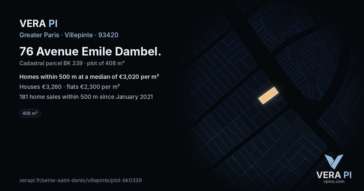 76 Avenue Emile Dambel, Villepinte at night – the plot lit, the parcels around coloured by the prices near them
