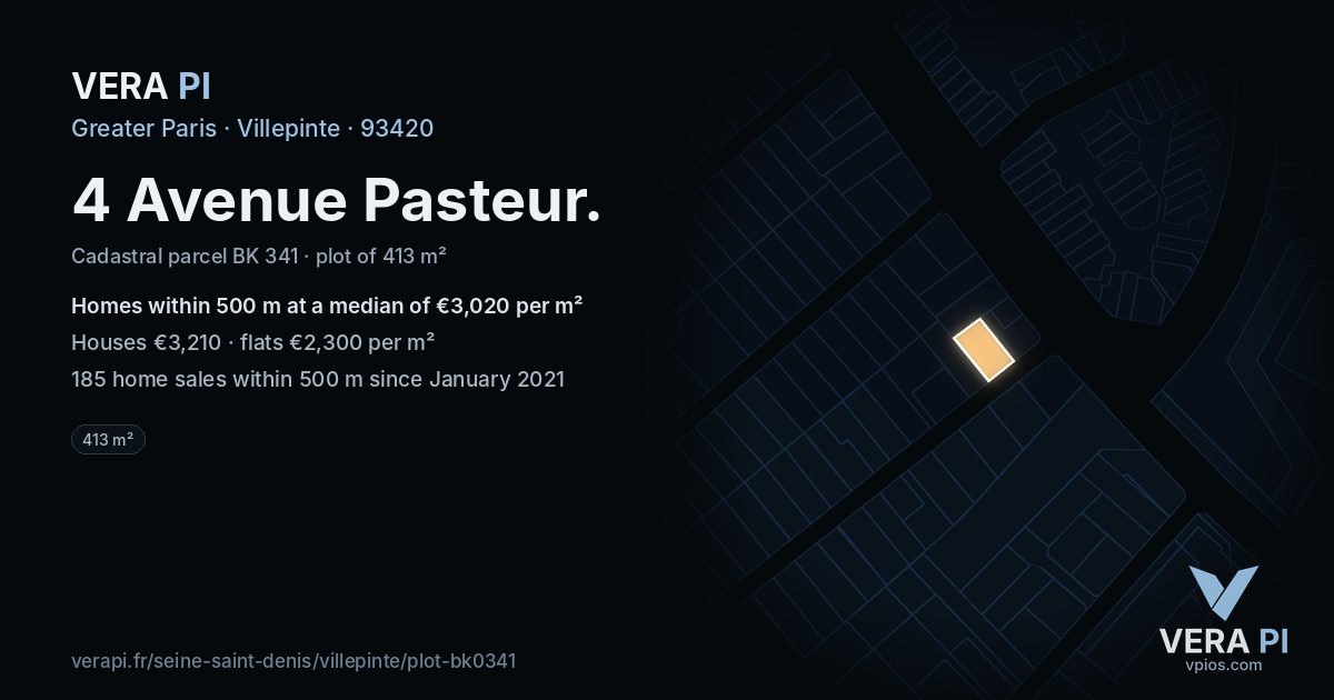 4 Avenue Pasteur, Villepinte at night – the plot lit, the parcels around coloured by the prices near them
