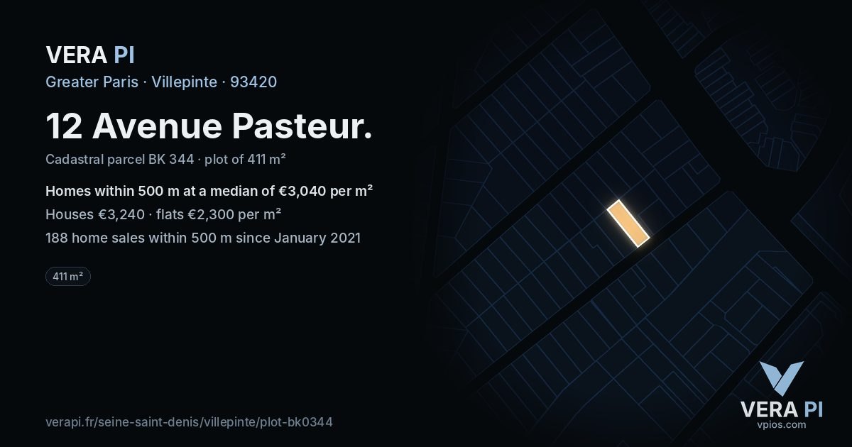 12 Avenue Pasteur, Villepinte at night – the plot lit, the parcels around coloured by the prices near them