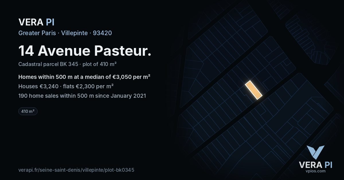 14 Avenue Pasteur, Villepinte at night – the plot lit, the parcels around coloured by the prices near them