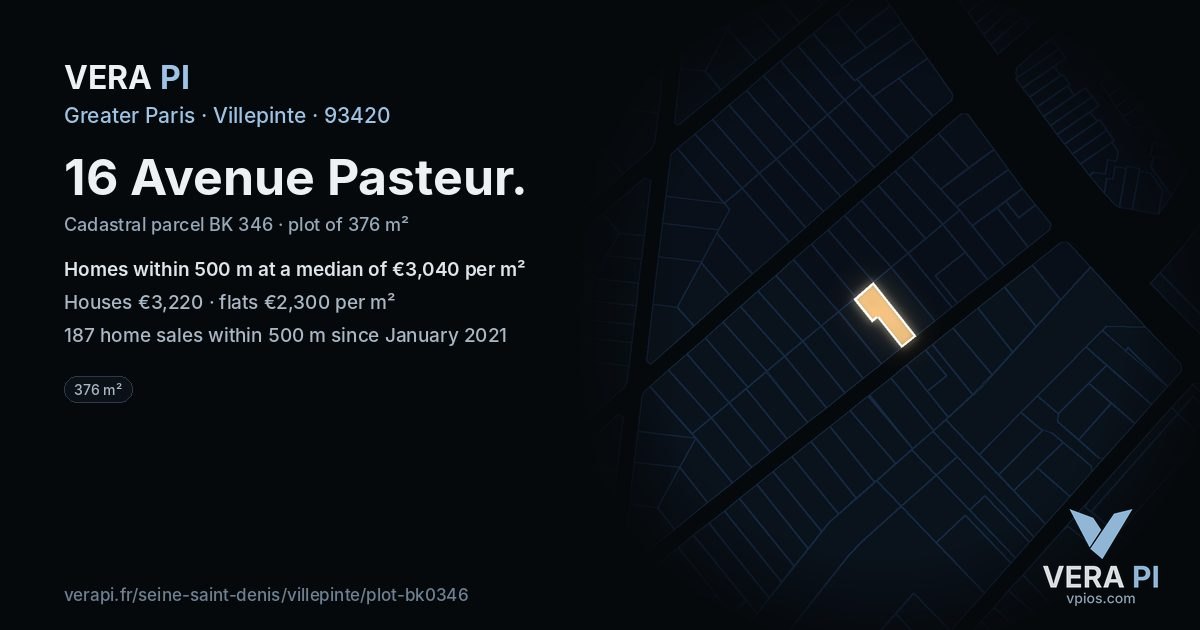 16 Avenue Pasteur, Villepinte at night – the plot lit, the parcels around coloured by the prices near them
