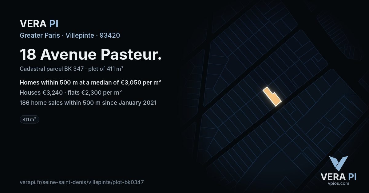 18 Avenue Pasteur, Villepinte at night – the plot lit, the parcels around coloured by the prices near them