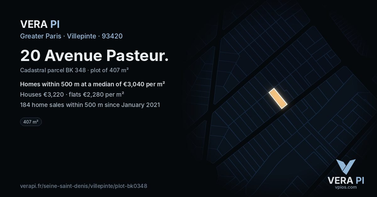 20 Avenue Pasteur, Villepinte at night – the plot lit, the parcels around coloured by the prices near them