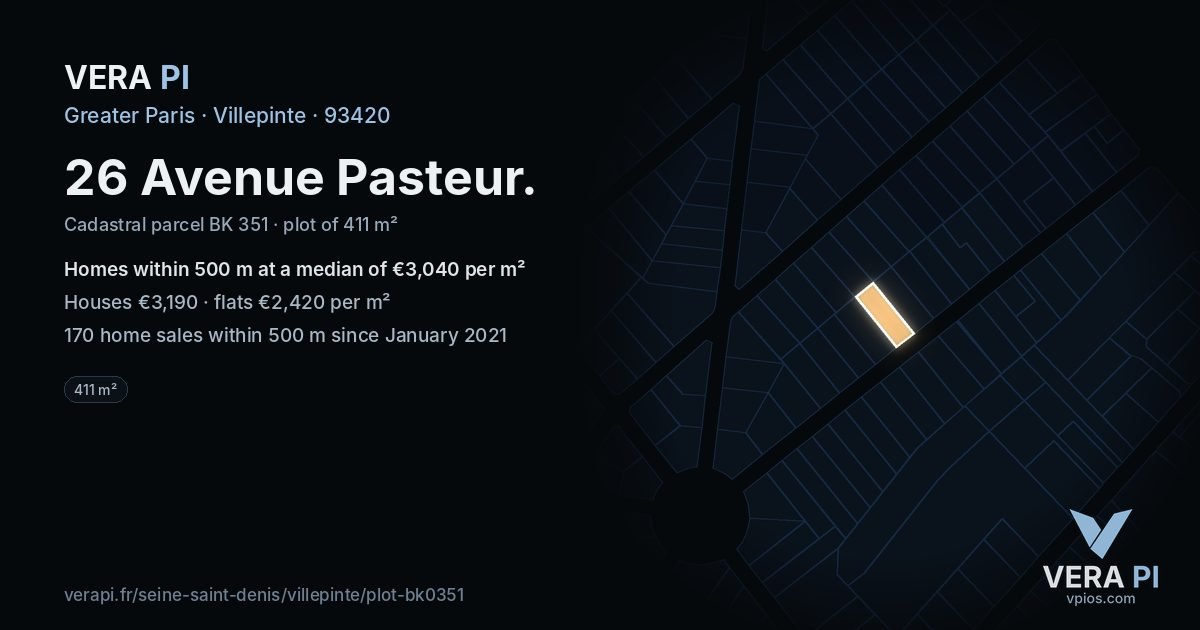 26 Avenue Pasteur, Villepinte at night – the plot lit, the parcels around coloured by the prices near them