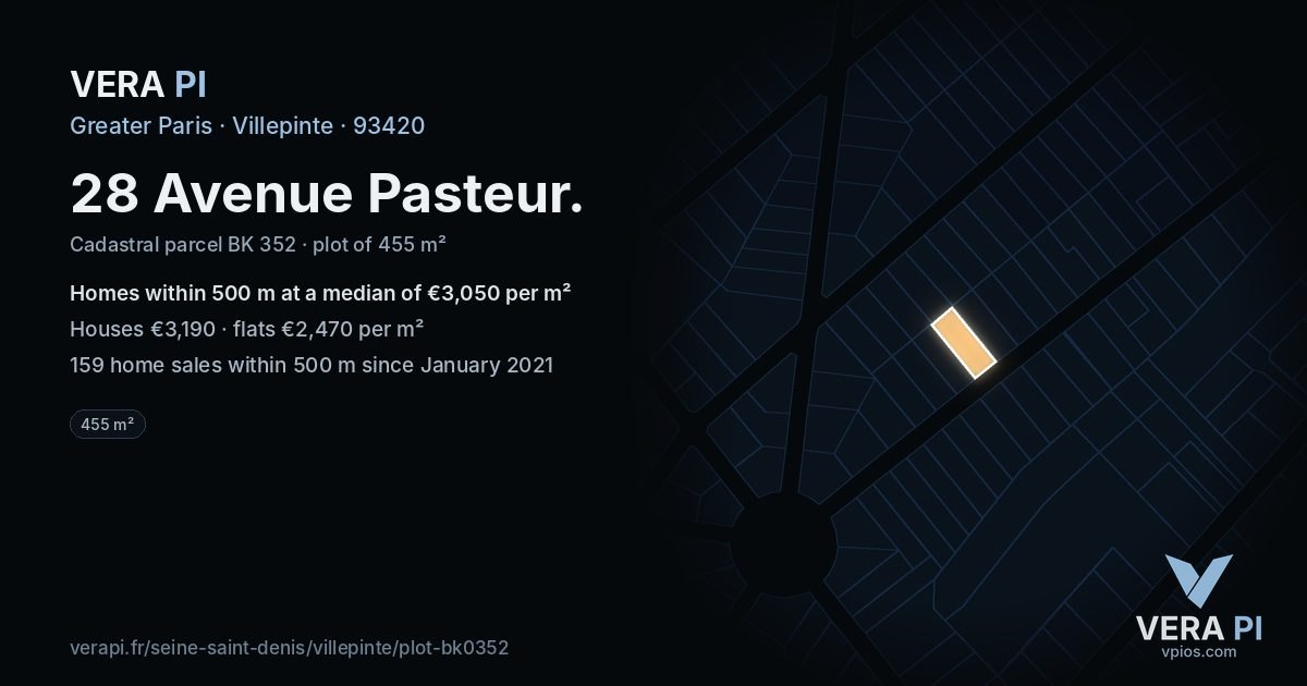 28 Avenue Pasteur, Villepinte at night – the plot lit, the parcels around coloured by the prices near them