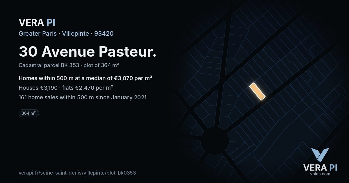30 Avenue Pasteur, Villepinte at night – the plot lit, the parcels around coloured by the prices near them