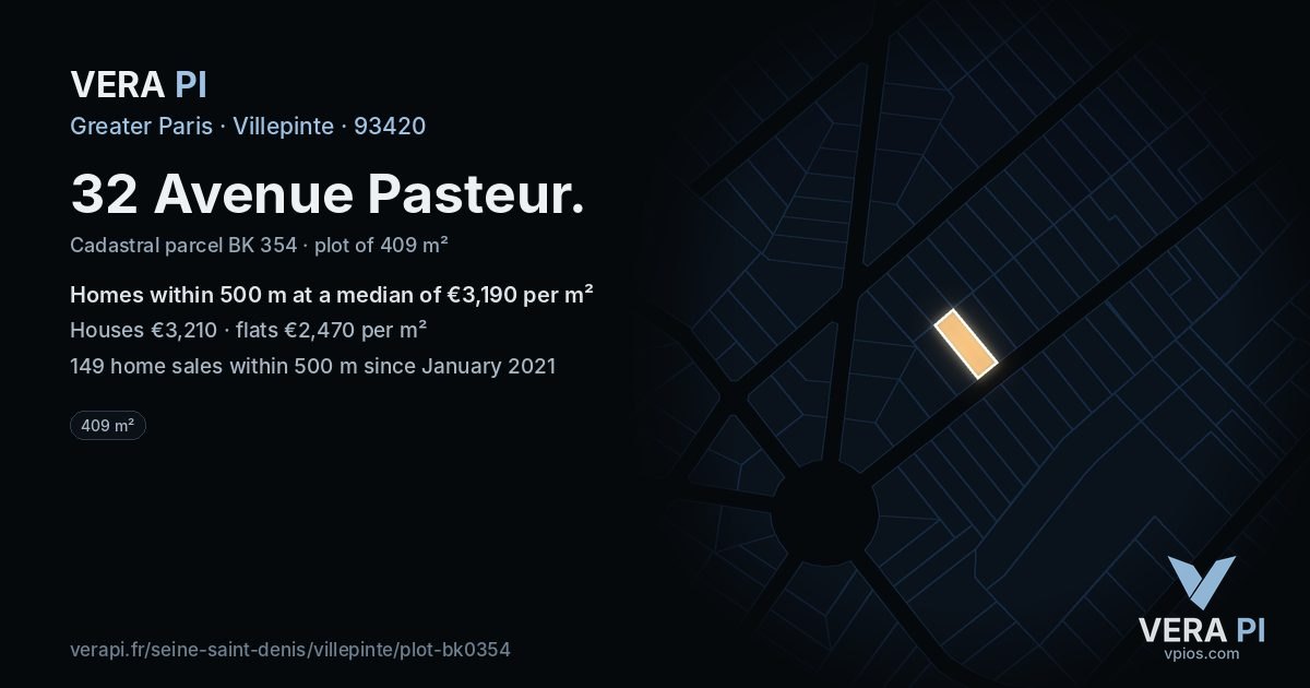 32 Avenue Pasteur, Villepinte at night – the plot lit, the parcels around coloured by the prices near them