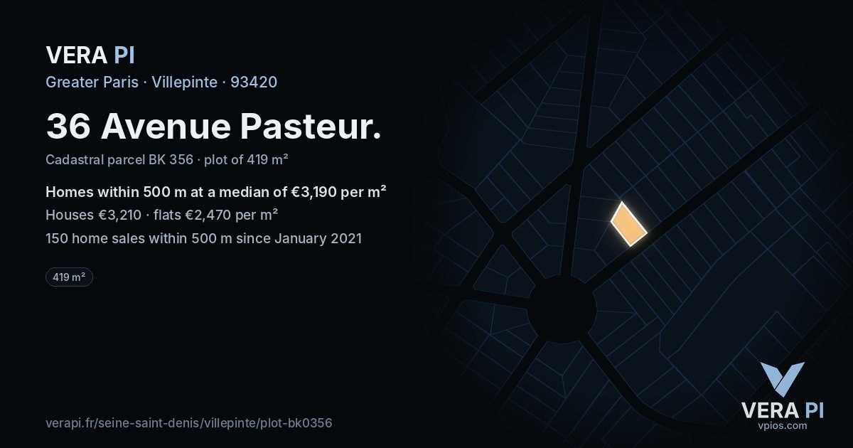 36 Avenue Pasteur, Villepinte at night – the plot lit, the parcels around coloured by the prices near them