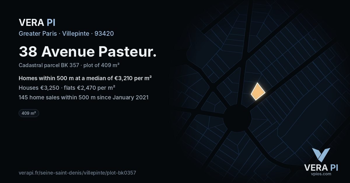 38 Avenue Pasteur, Villepinte at night – the plot lit, the parcels around coloured by the prices near them