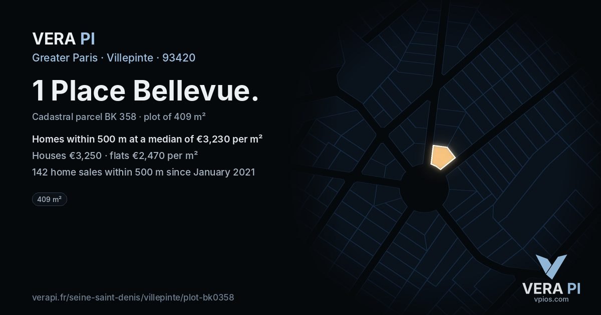 1 Place Bellevue, Villepinte at night – the plot lit, the parcels around coloured by the prices near them