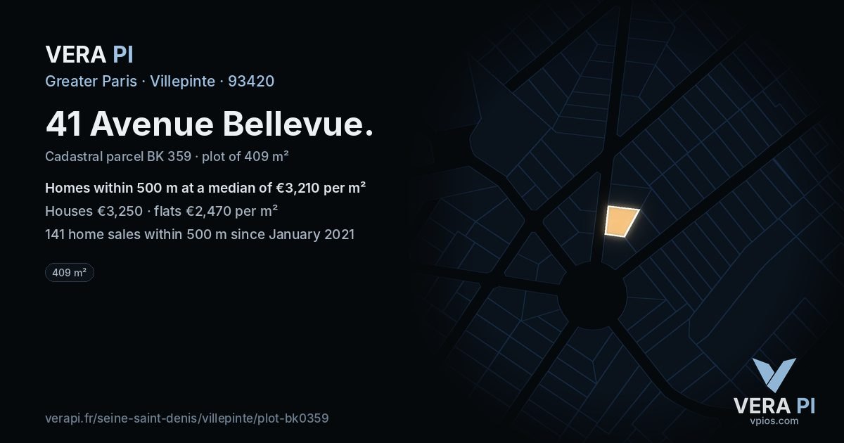 41 Avenue Bellevue, Villepinte at night – the plot lit, the parcels around coloured by the prices near them