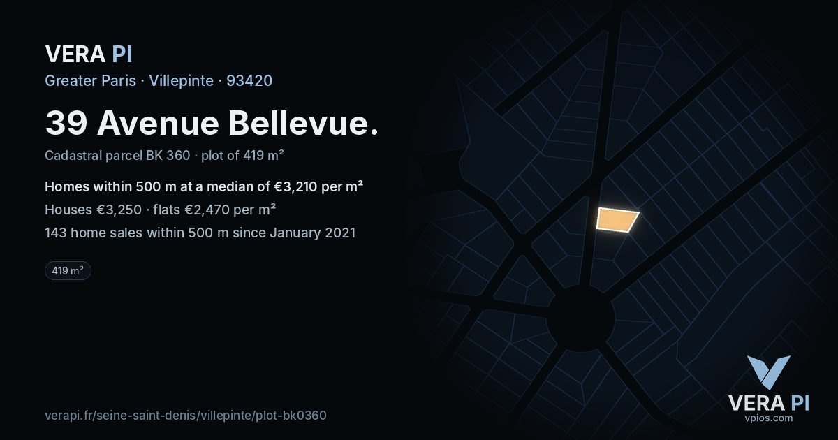 39 Avenue Bellevue, Villepinte at night – the plot lit, the parcels around coloured by the prices near them