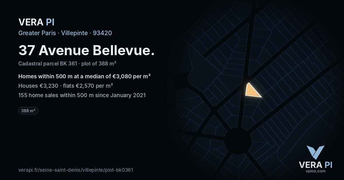 37 Avenue Bellevue, Villepinte at night – the plot lit, the parcels around coloured by the prices near them