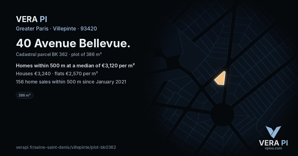 40 Avenue Bellevue, Villepinte at night – the plot lit, the parcels around coloured by the prices near them