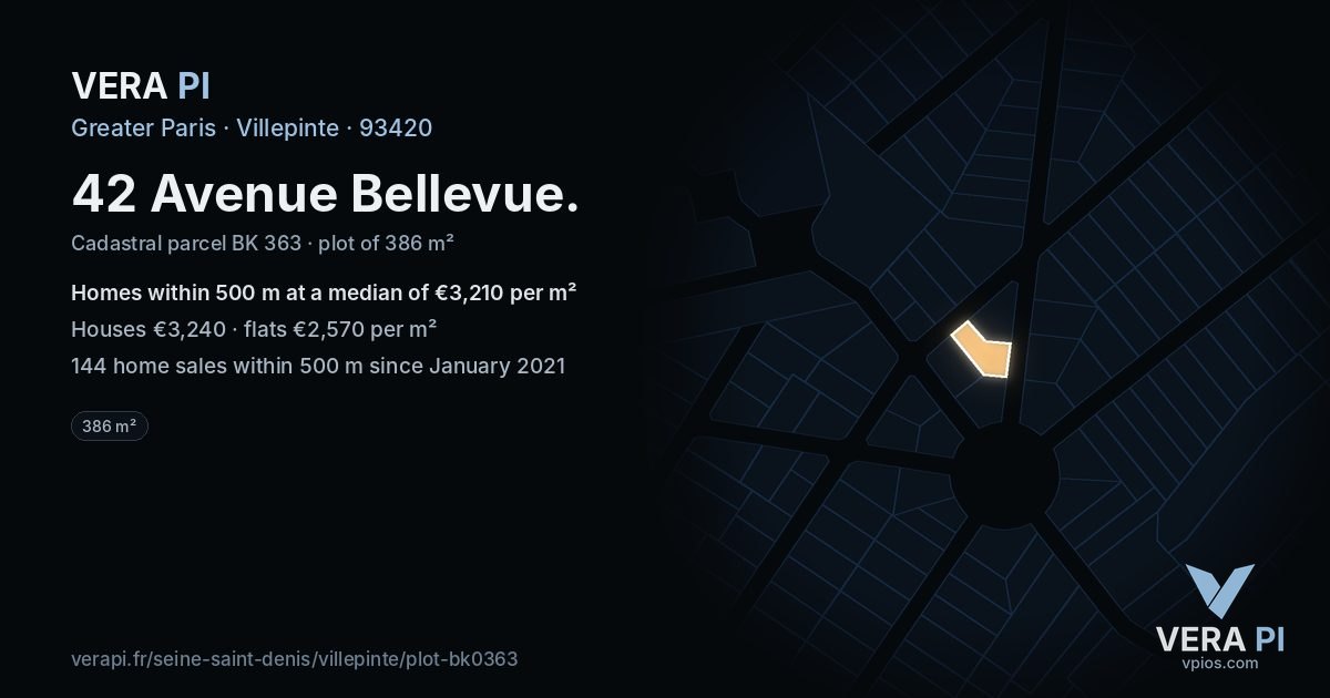 42 Avenue Bellevue, Villepinte at night – the plot lit, the parcels around coloured by the prices near them