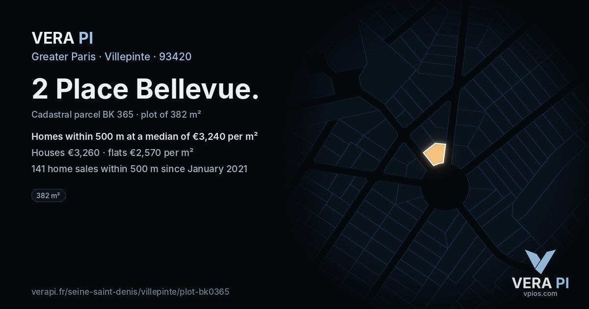 2 Place Bellevue, Villepinte at night – the plot lit, the parcels around coloured by the prices near them