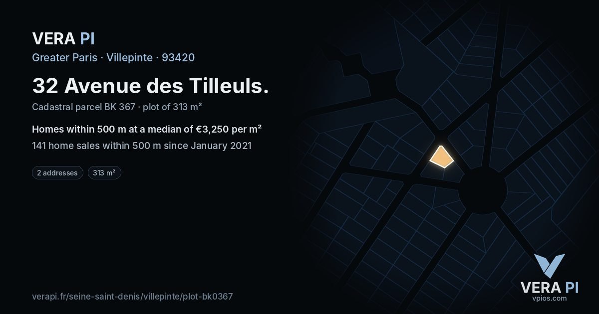 32 Avenue des Tilleuls, Villepinte at night – the plot lit, the parcels around coloured by the prices near them