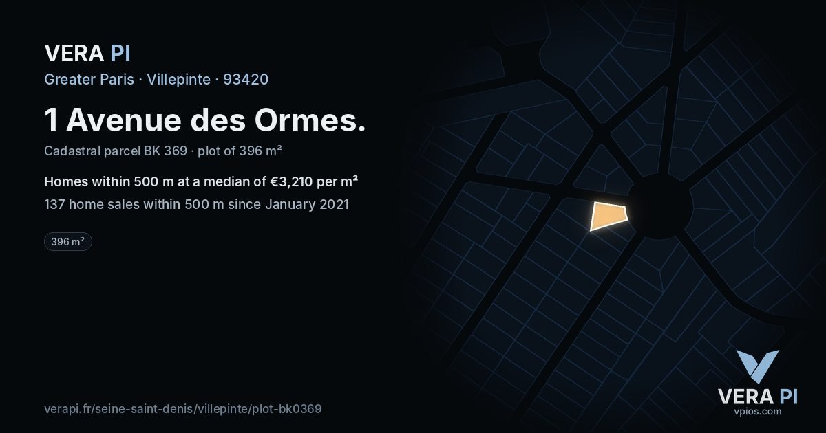 1 Avenue des Ormes, Villepinte at night – the plot lit, the parcels around coloured by the prices near them