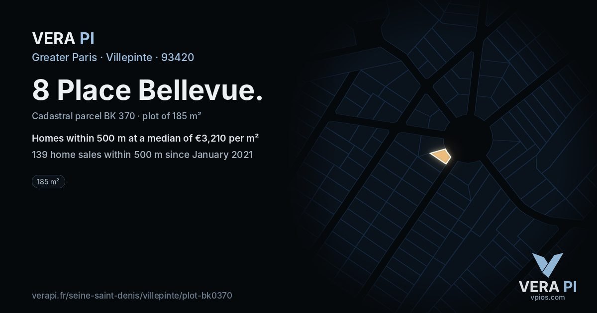 8 Place Bellevue, Villepinte at night – the plot lit, the parcels around coloured by the prices near them