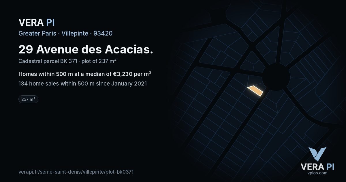 29 Avenue des Acacias, Villepinte at night – the plot lit, the parcels around coloured by the prices near them
