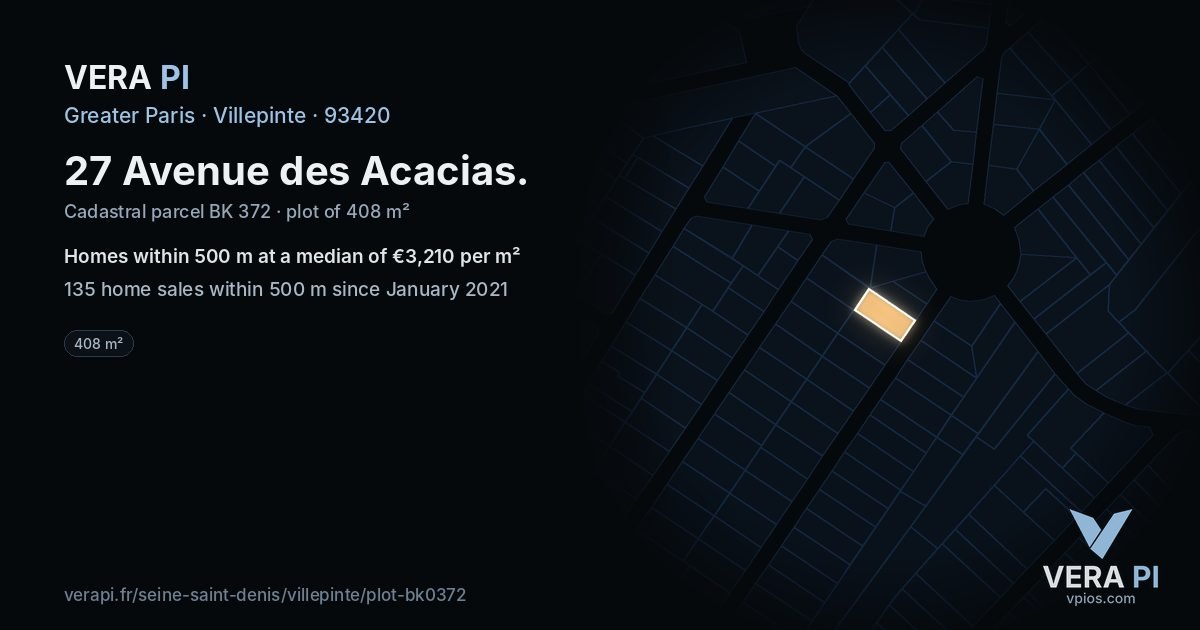 27 Avenue des Acacias, Villepinte at night – the plot lit, the parcels around coloured by the prices near them