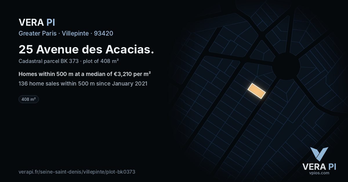 25 Avenue des Acacias, Villepinte at night – the plot lit, the parcels around coloured by the prices near them