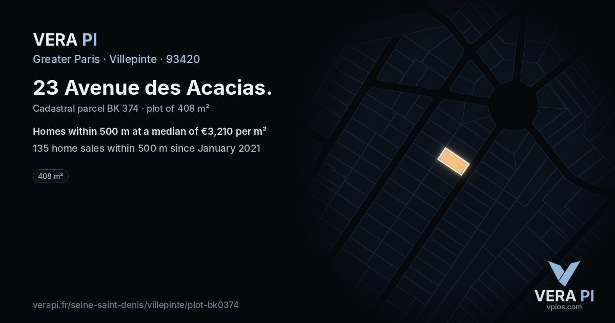 23 Avenue des Acacias, Villepinte at night – the plot lit, the parcels around coloured by the prices near them
