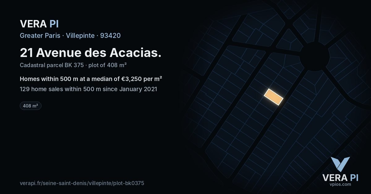 21 Avenue des Acacias, Villepinte at night – the plot lit, the parcels around coloured by the prices near them
