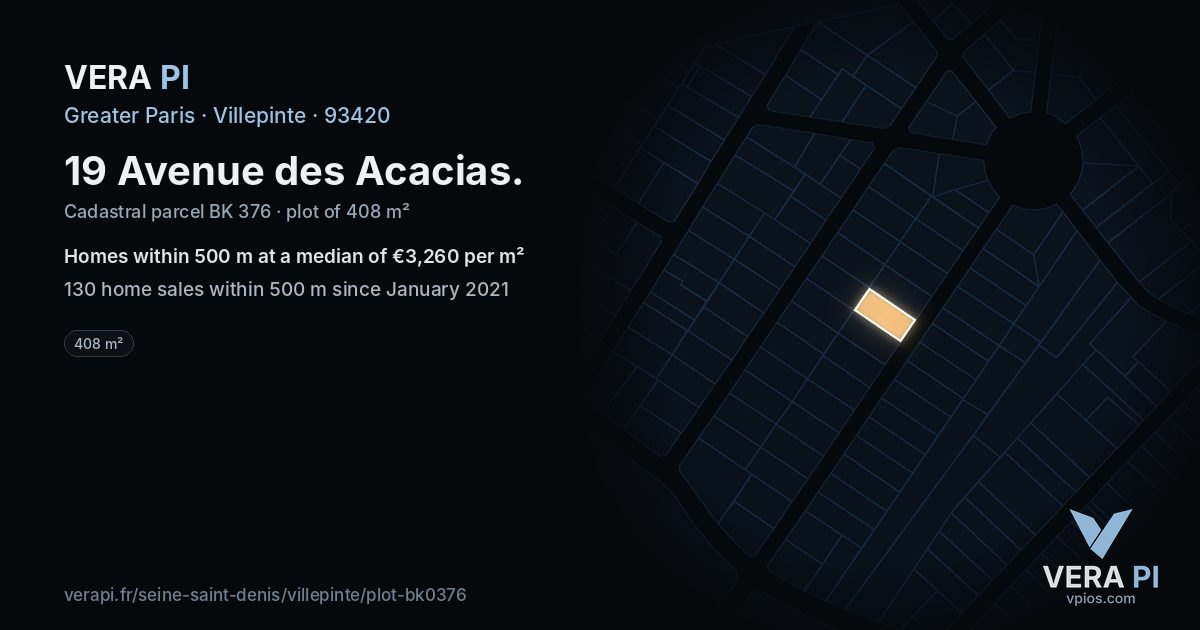 19 Avenue des Acacias, Villepinte at night – the plot lit, the parcels around coloured by the prices near them