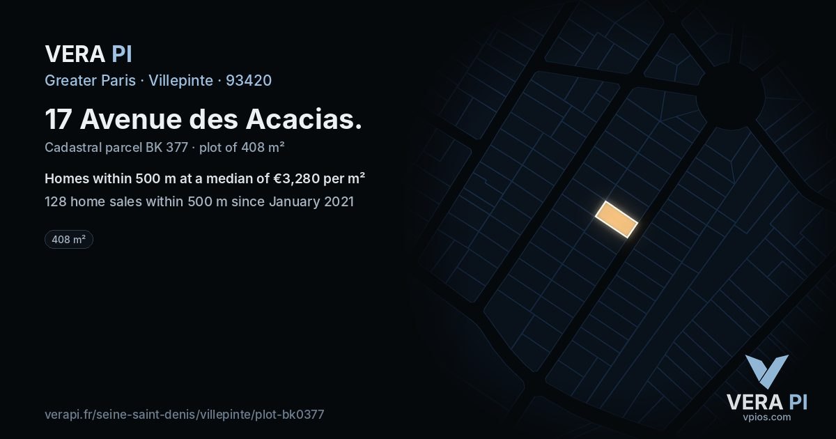17 Avenue des Acacias, Villepinte at night – the plot lit, the parcels around coloured by the prices near them