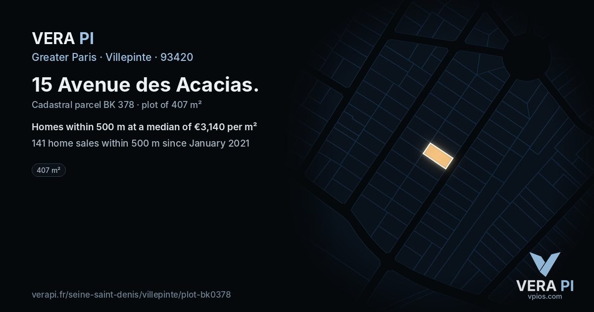 15 Avenue des Acacias, Villepinte at night – the plot lit, the parcels around coloured by the prices near them