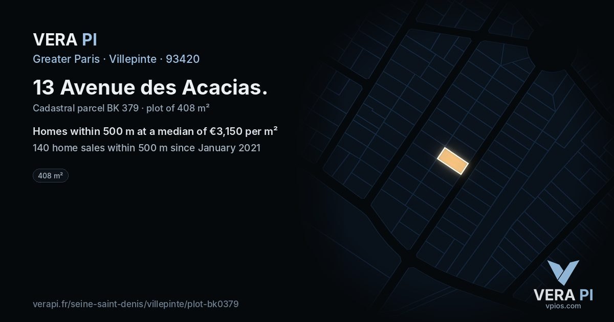 13 Avenue des Acacias, Villepinte at night – the plot lit, the parcels around coloured by the prices near them