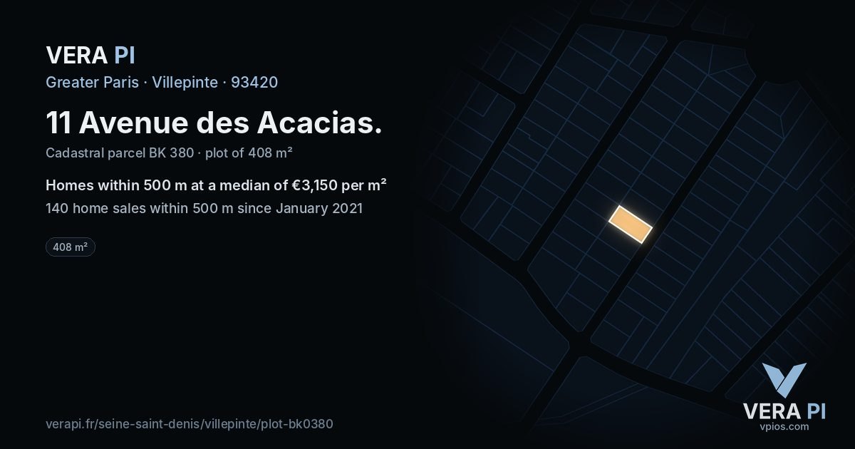 11 Avenue des Acacias, Villepinte at night – the plot lit, the parcels around coloured by the prices near them