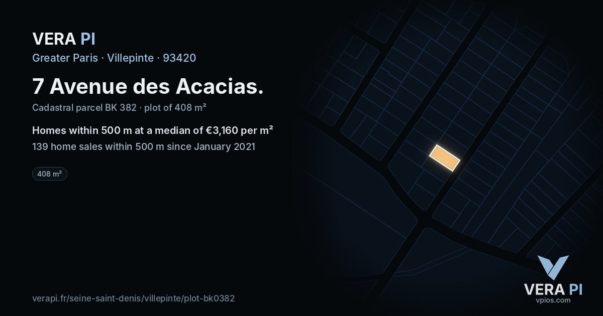 7 Avenue des Acacias, Villepinte at night – the plot lit, the parcels around coloured by the prices near them