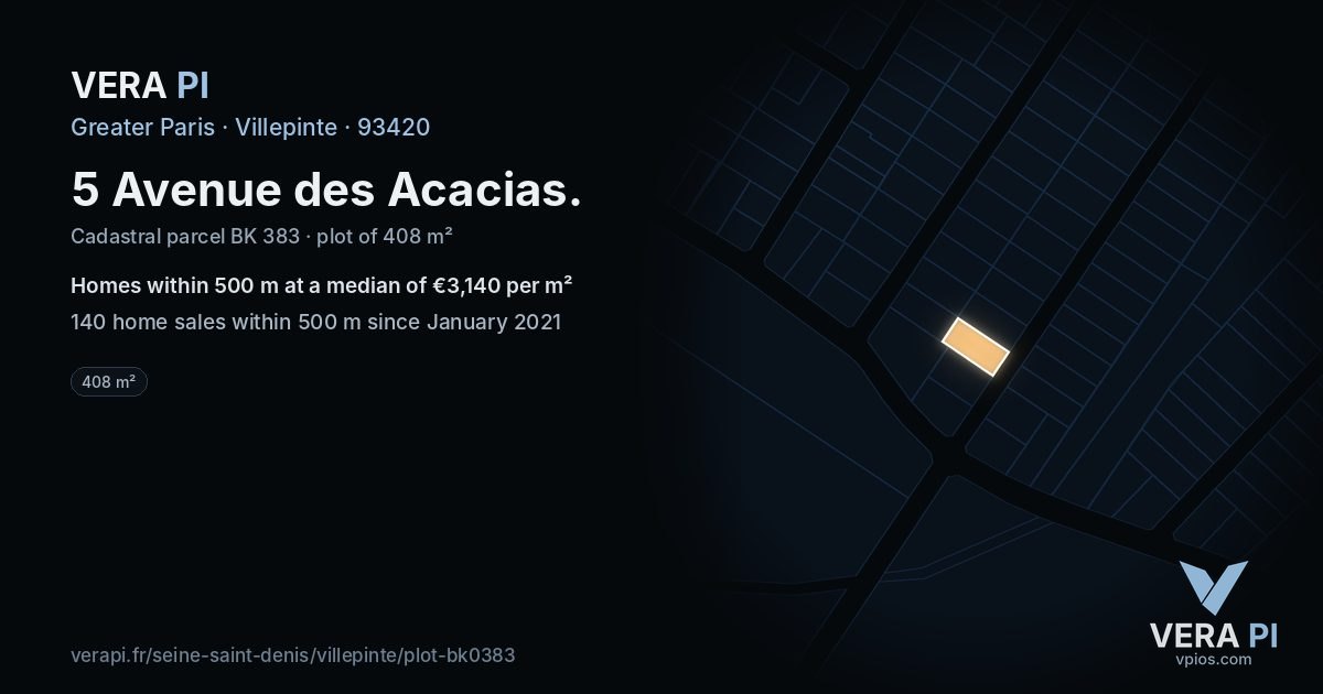 5 Avenue des Acacias, Villepinte at night – the plot lit, the parcels around coloured by the prices near them