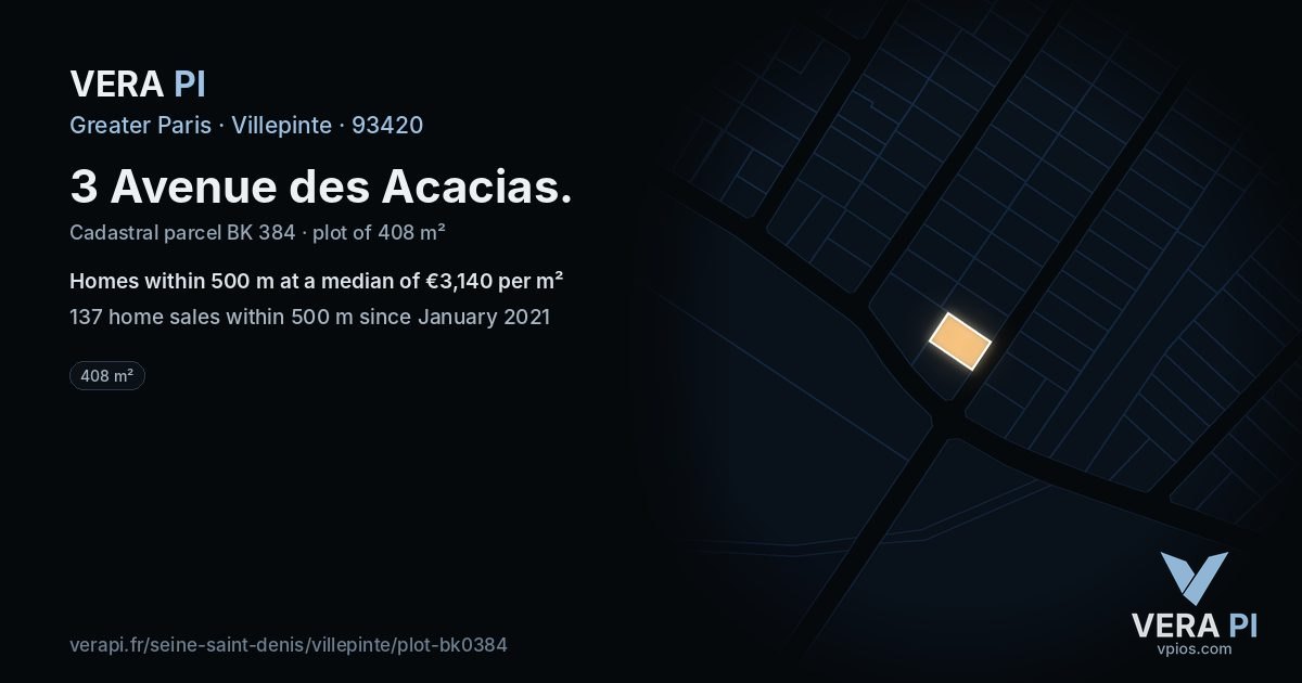 3 Avenue des Acacias, Villepinte at night – the plot lit, the parcels around coloured by the prices near them