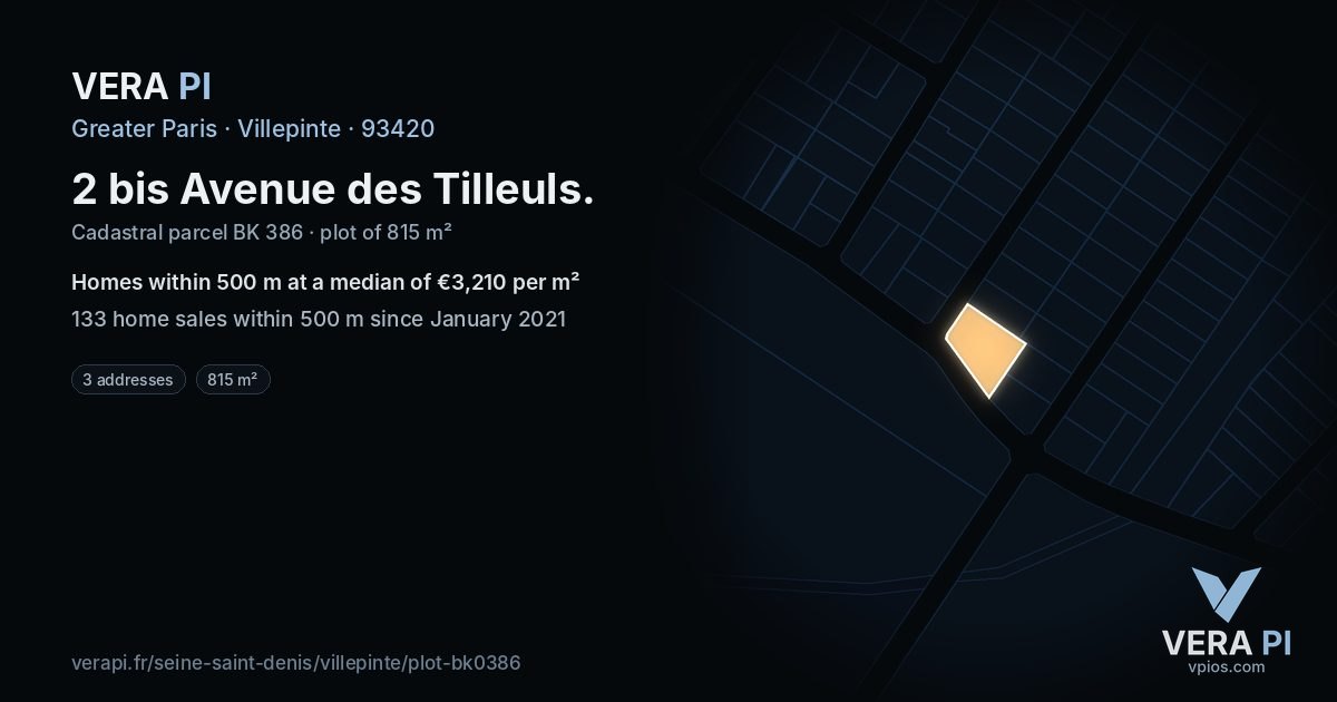 2 bis Avenue des Tilleuls, Villepinte at night – the plot lit, the parcels around coloured by the prices near them