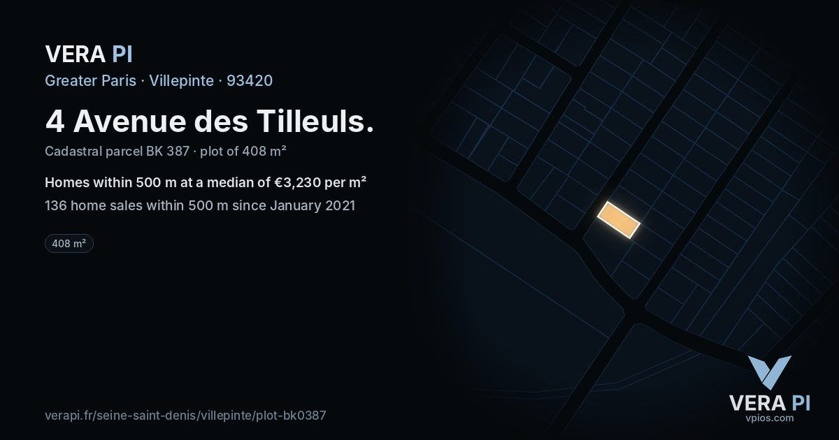 4 Avenue des Tilleuls, Villepinte at night – the plot lit, the parcels around coloured by the prices near them