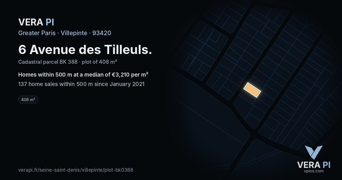 6 Avenue des Tilleuls, Villepinte at night – the plot lit, the parcels around coloured by the prices near them