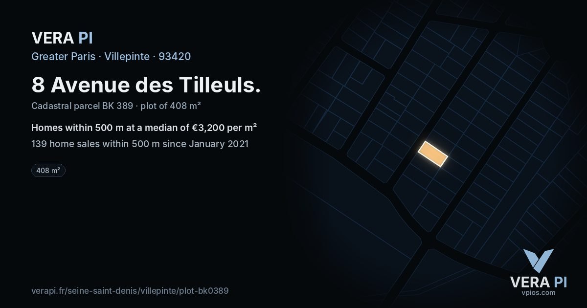 8 Avenue des Tilleuls, Villepinte at night – the plot lit, the parcels around coloured by the prices near them