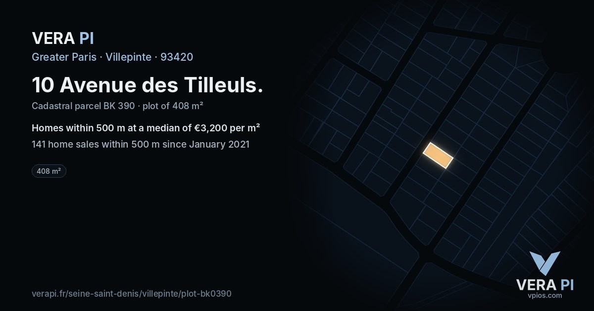 10 Avenue des Tilleuls, Villepinte at night – the plot lit, the parcels around coloured by the prices near them