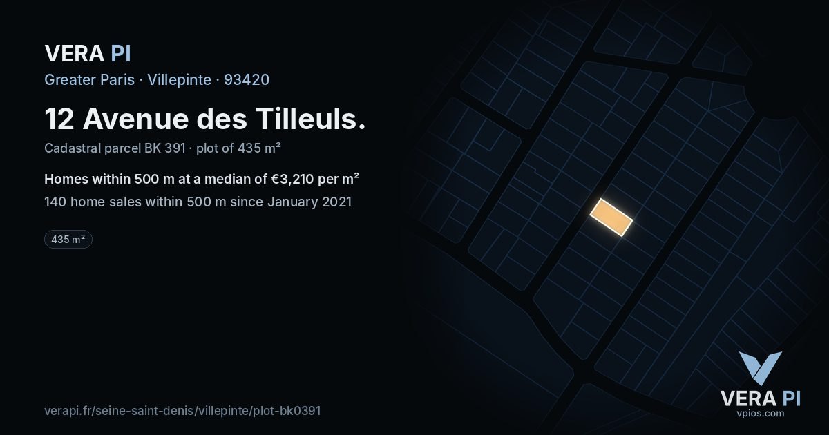 12 Avenue des Tilleuls, Villepinte at night – the plot lit, the parcels around coloured by the prices near them