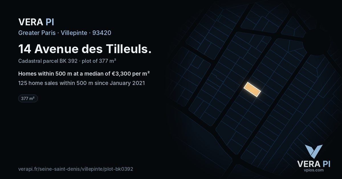 14 Avenue des Tilleuls, Villepinte at night – the plot lit, the parcels around coloured by the prices near them