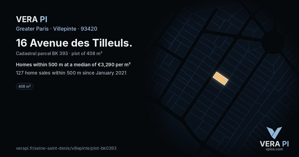 16 Avenue des Tilleuls, Villepinte at night – the plot lit, the parcels around coloured by the prices near them