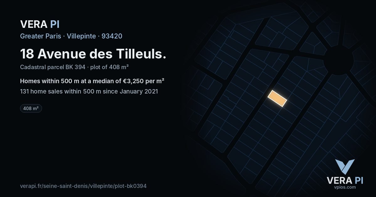 18 Avenue des Tilleuls, Villepinte at night – the plot lit, the parcels around coloured by the prices near them
