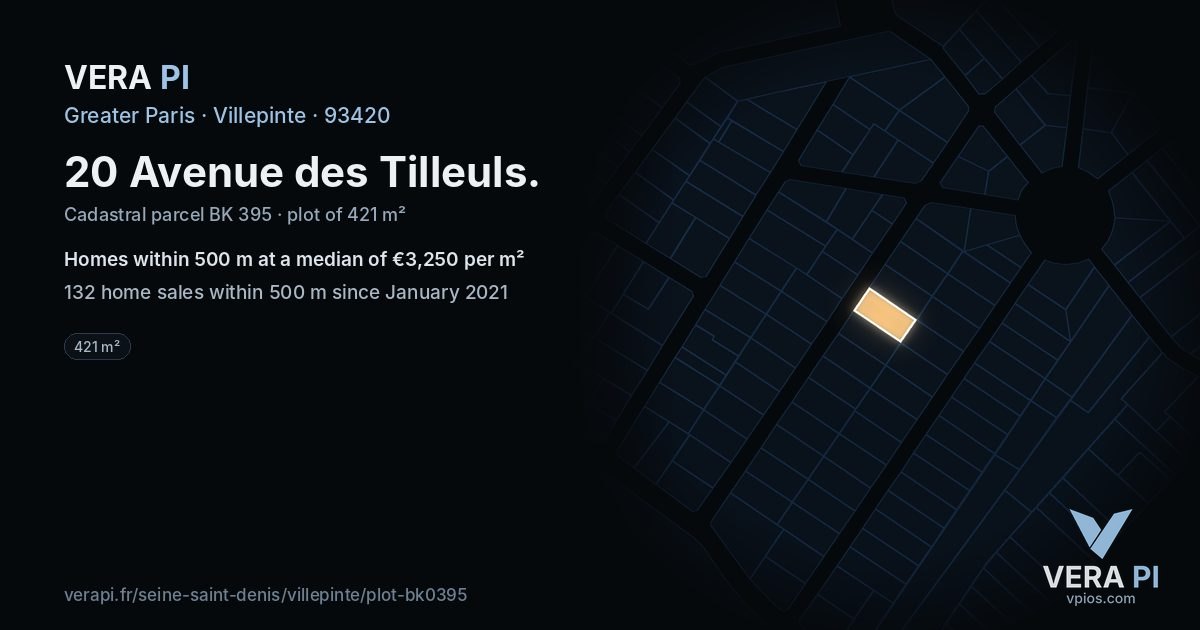 20 Avenue des Tilleuls, Villepinte at night – the plot lit, the parcels around coloured by the prices near them