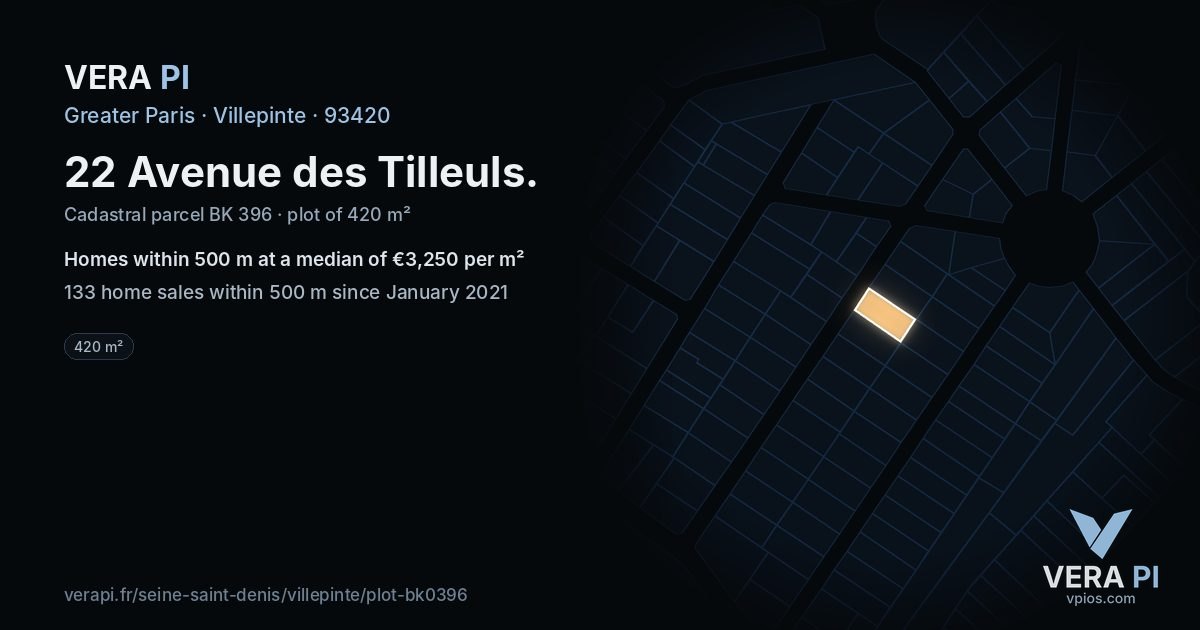22 Avenue des Tilleuls, Villepinte at night – the plot lit, the parcels around coloured by the prices near them