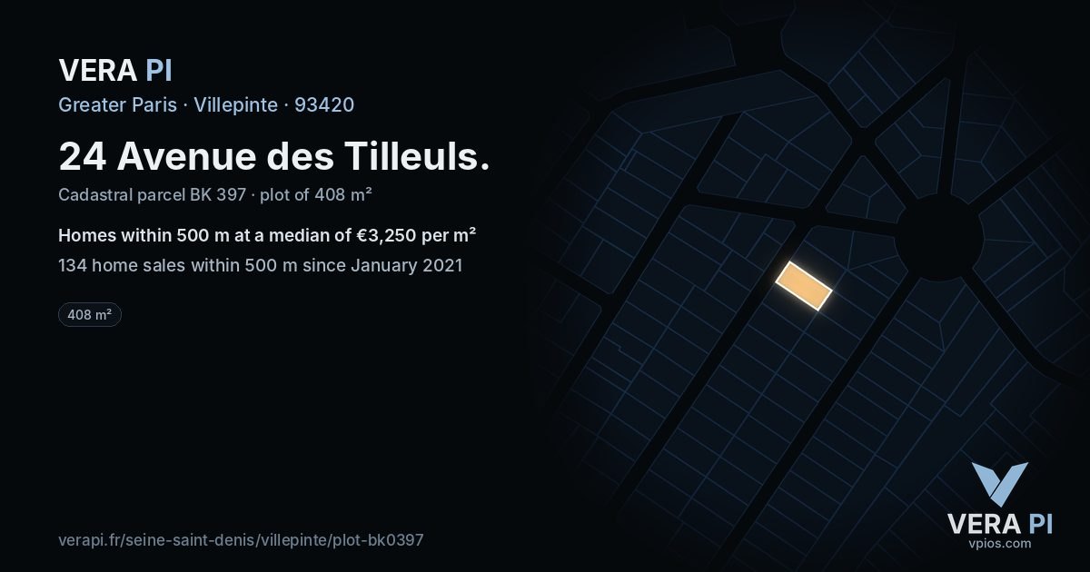 24 Avenue des Tilleuls, Villepinte at night – the plot lit, the parcels around coloured by the prices near them