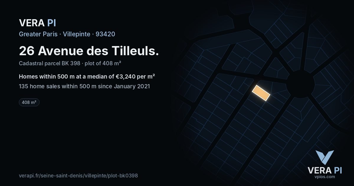 26 Avenue des Tilleuls, Villepinte at night – the plot lit, the parcels around coloured by the prices near them
